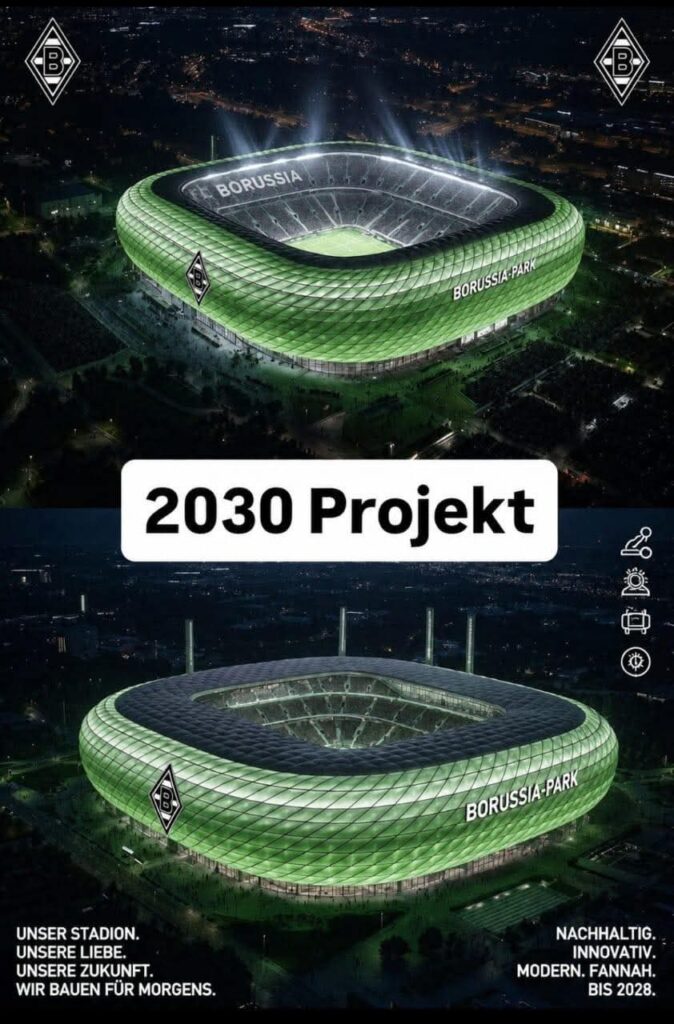 Ein neues Zeitalter beginnt bei Borussia Mönchengladbach! Der traditionsreiche Bundesligist plant nichts Geringeres als eine Revolution des modernen Fußballs: Das legendäre BORUSSIA-PARK soll mit einer gigantischen Investition von rund 350 Millionen Euro komplett modernisiert und in eine der beeindruckendsten Arenen Europas verwandelt werden. Die ambitionierten Pläne sorgen bereits jetzt für Begeisterung unter Fans, Experten und der gesamten Fußballwelt.