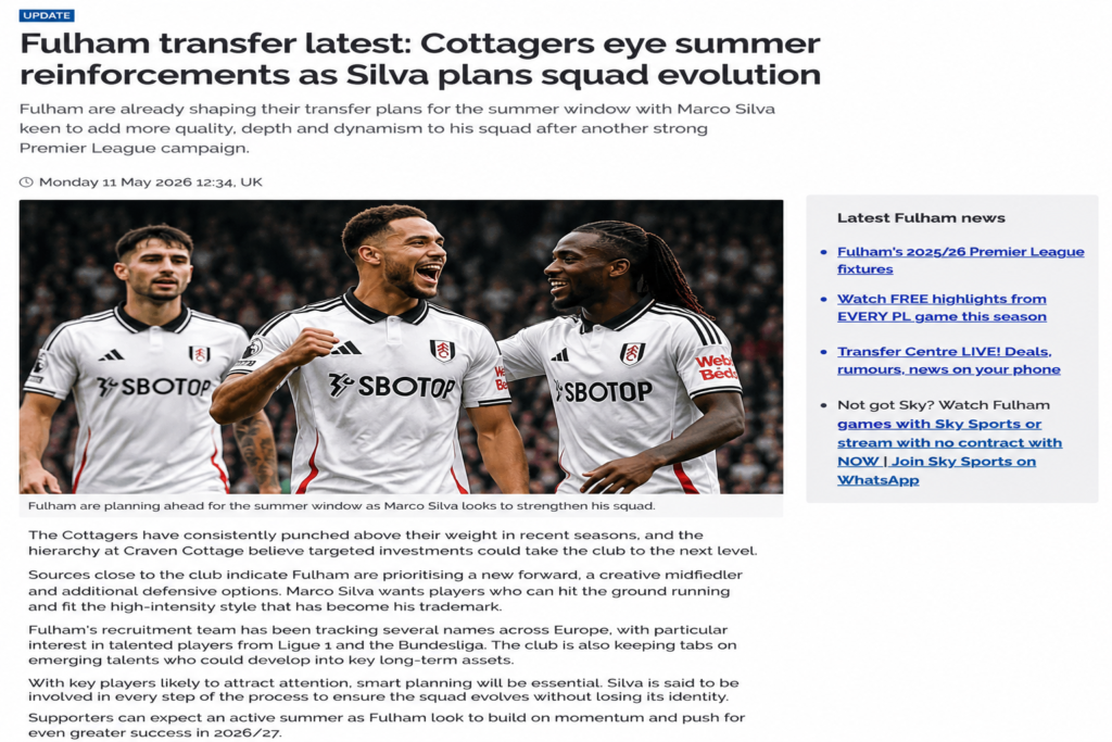 Fulham Transfer News, (Latest Live Update) Fulham are once again preparing for an important transfer window as the club looks to strengthen the squad ahead of the
